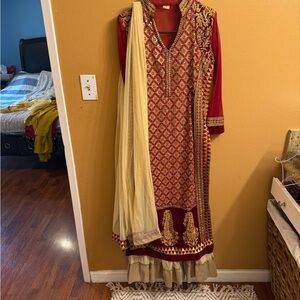 Indian / Pakistani Women’s Embroidered Red & Cream Traditional Dress